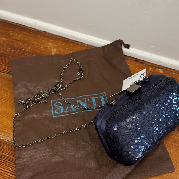 NWT Santi Navy Sequence and Satin Box Clutch Clam Shell Crossbody - Picture 10 of 10